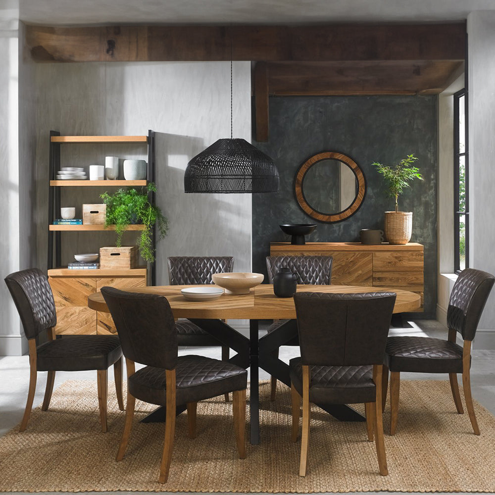 Solid oak 6 seater dining table with rustic oak marquetry tops & black powder coated metal base
