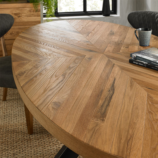 Solid oak 6 seater dining table with rustic oak marquetry tops & black powder coated metal base
