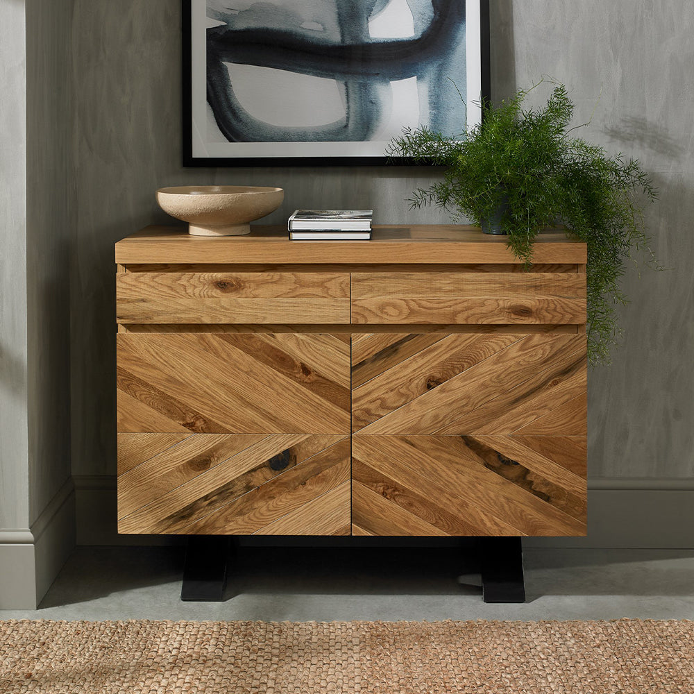 Solid oak narrow sideboard with rustic oak marquetry tops & black powder coated metal base
