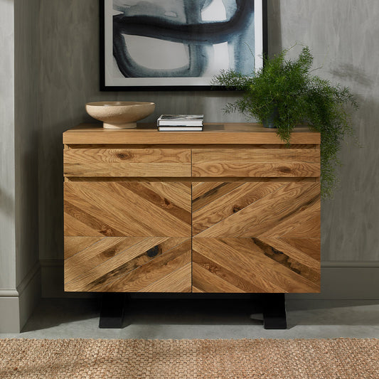 Solid oak narrow sideboard with rustic oak marquetry tops & black powder coated metal base
