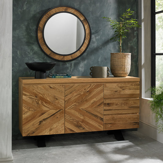 Solid oak wide sideboard with rustic oak marquetry tops & black powder coated metal base

