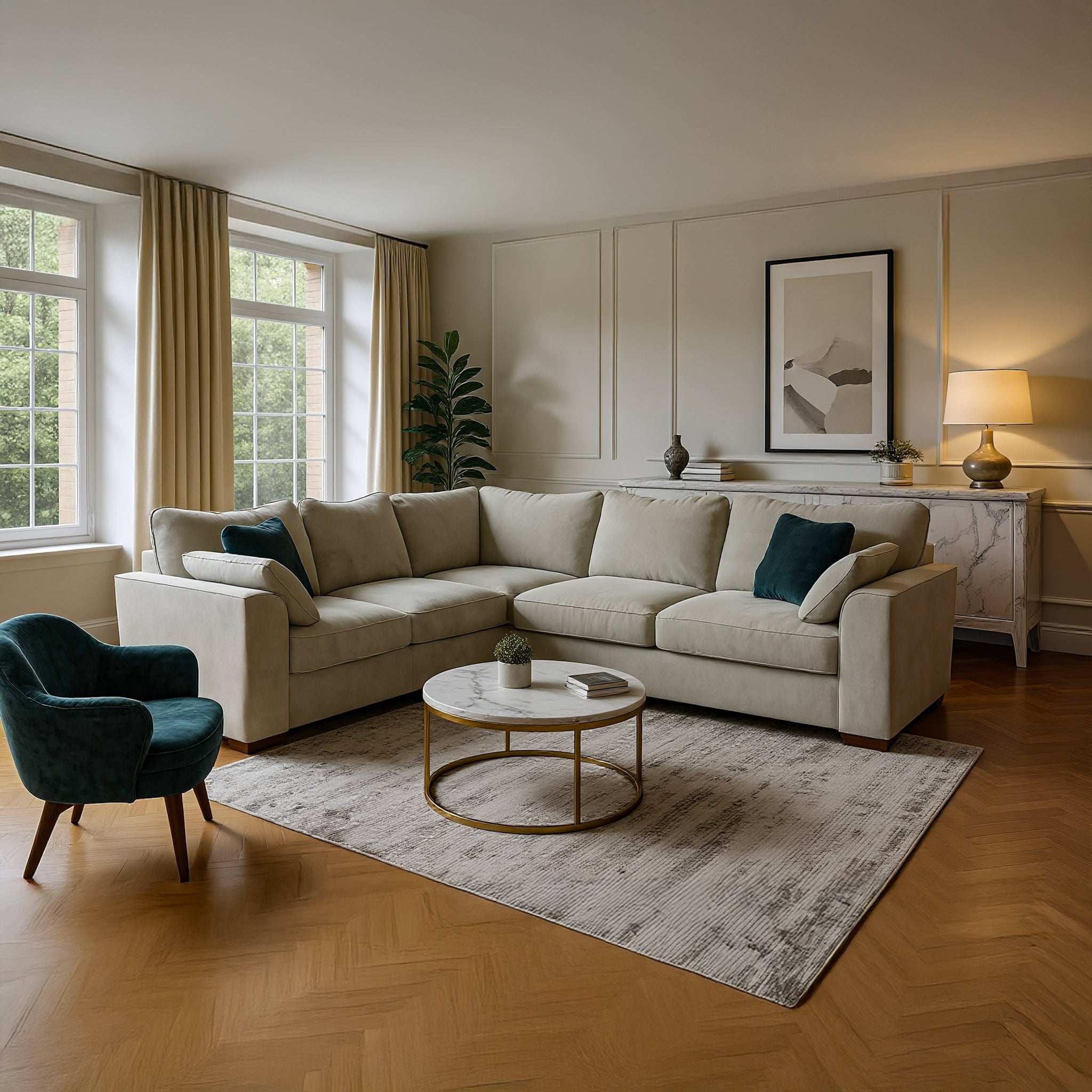 Modern living room with a sectional sofa, armchair, and coffee table.