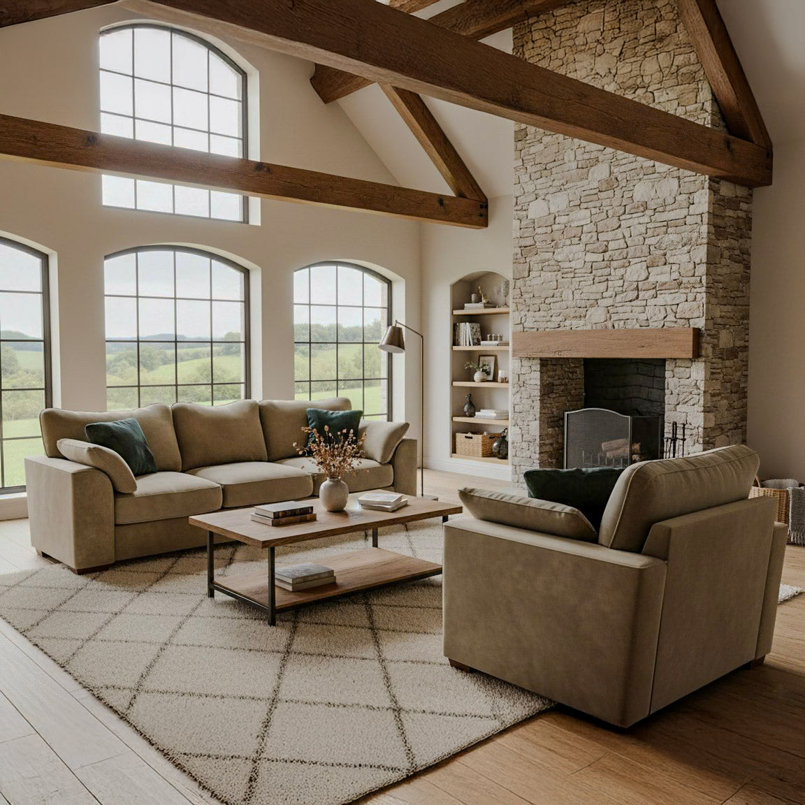 Cozy living room with beige sofa, coffee table, and stone fireplace.