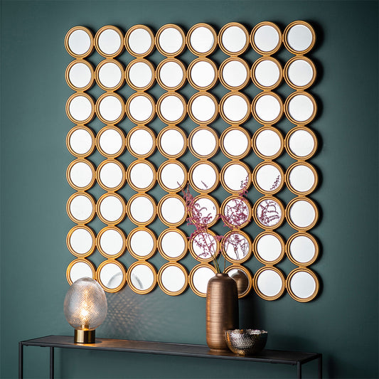 Gold square circles mirror with 64 small circular mirror segments mounted in gold finish frame