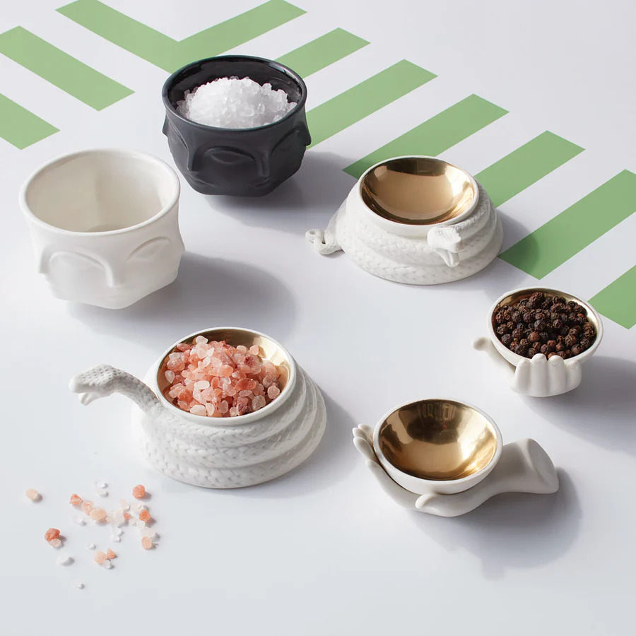 White matte porcelain salt and pepper cellars with gold interior