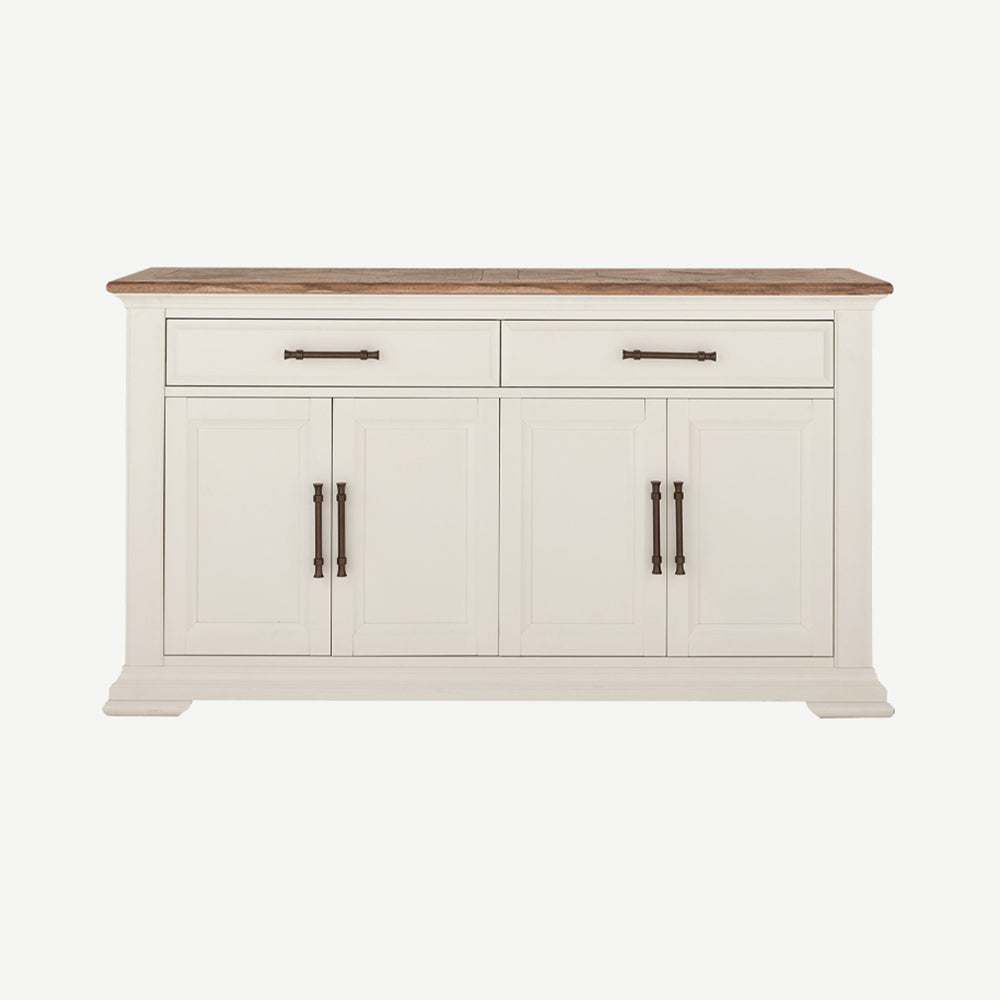 Two tone painted white oak wide sideboard with natural oak top and antique brass handles
