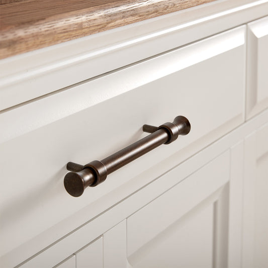 Two tone painted white oak wide sideboard with natural oak top and antique brass handles
