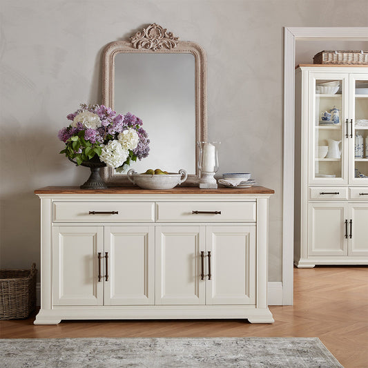 Two tone painted white oak wide sideboard with natural oak top and antique brass handles
