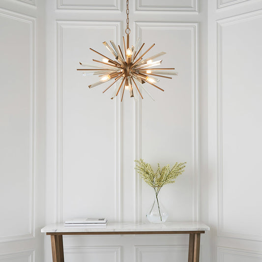 Brass pendant with champagne triangular prism glass and decorative rods
