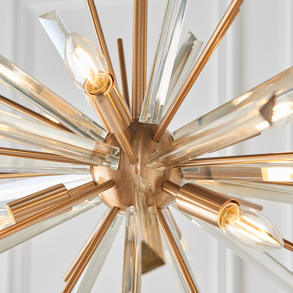 Brass pendant with champagne triangular prism glass and decorative rods