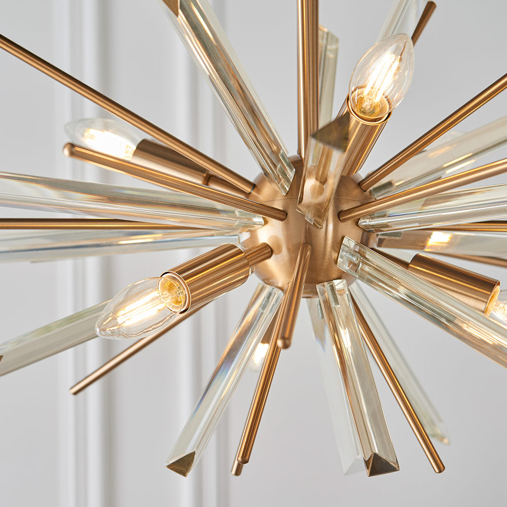 Brass pendant with champagne triangular prism glass and decorative rods