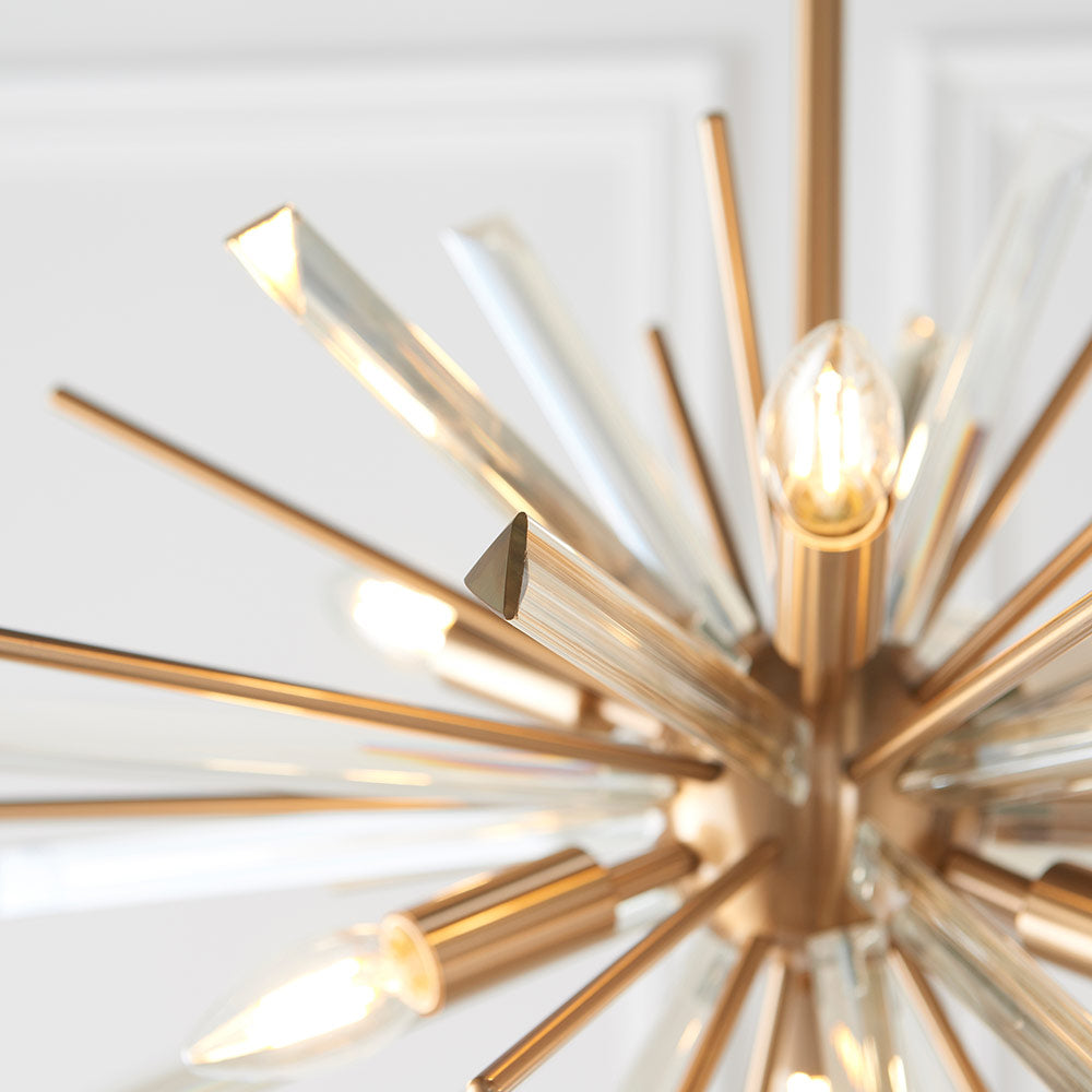 Brass pendant with champagne triangular prism glass and decorative rods