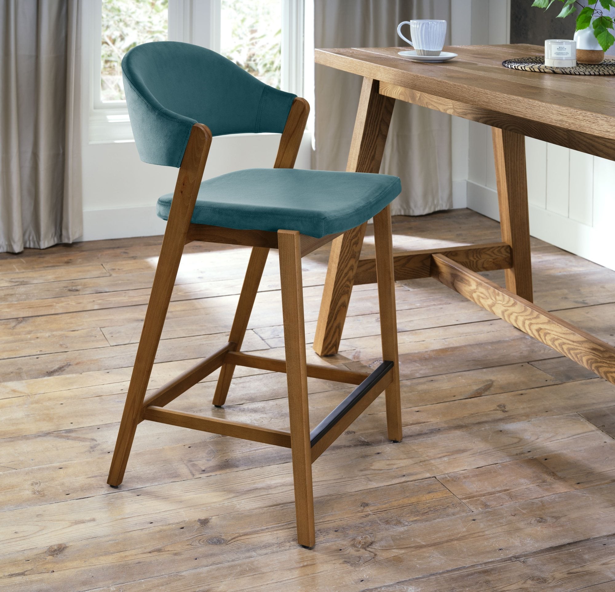 Highgate Rustic Oak Barstool in Azure Velvet