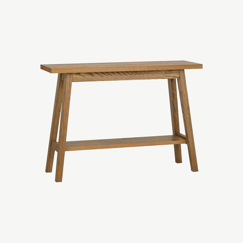 Rustic oak console table with shelf, laminated oak tabletops and solid ash legs all in natural finish
