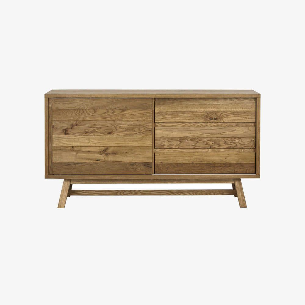 Rustic oak wide sideboard with laminated oak top and solid ash legs all in natural finish
