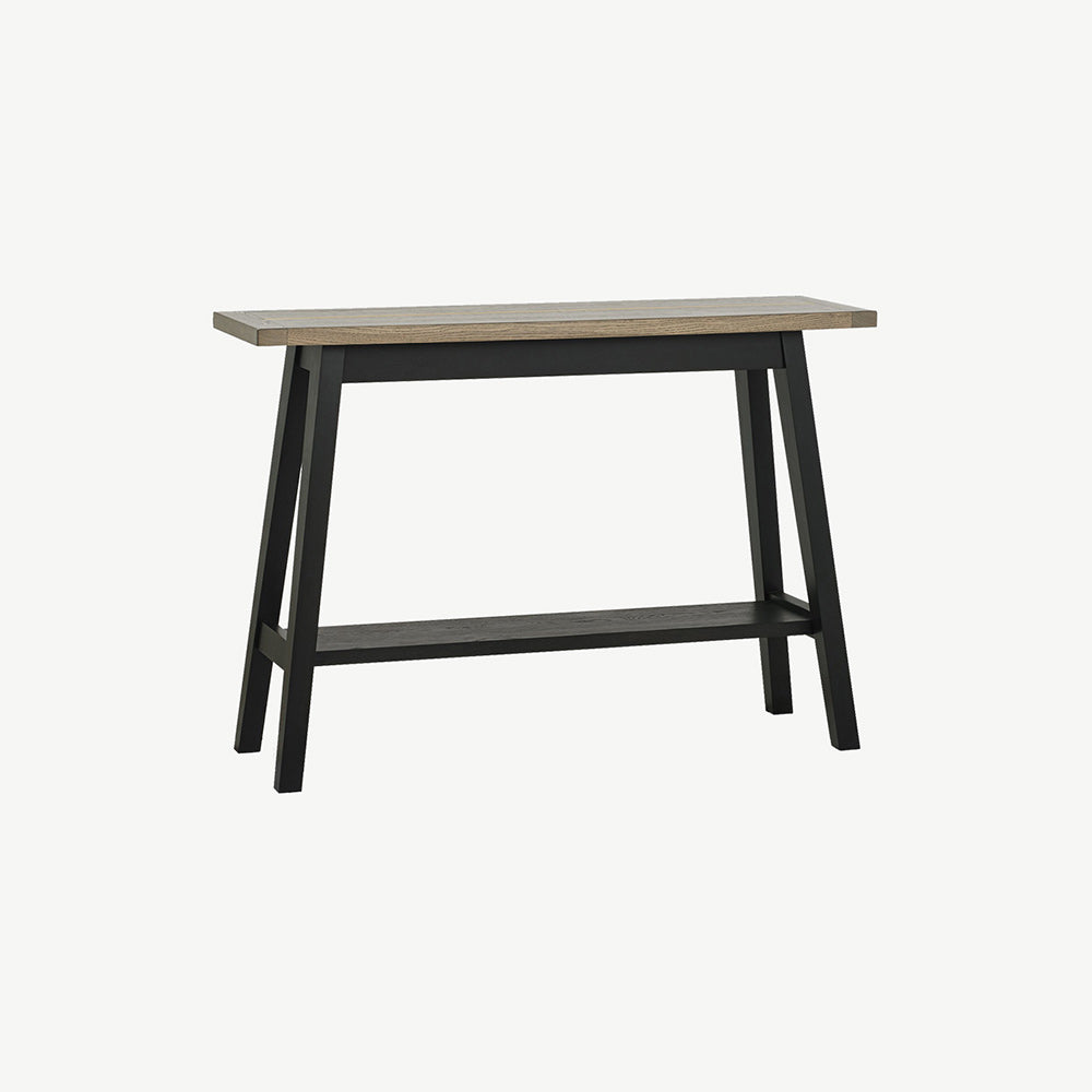 Oak veneer console table with shelf and black peppercorn solid ash legs
