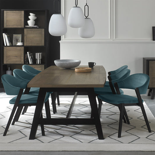 Oak veneer extending dining table with black peppercorn solid ash legs