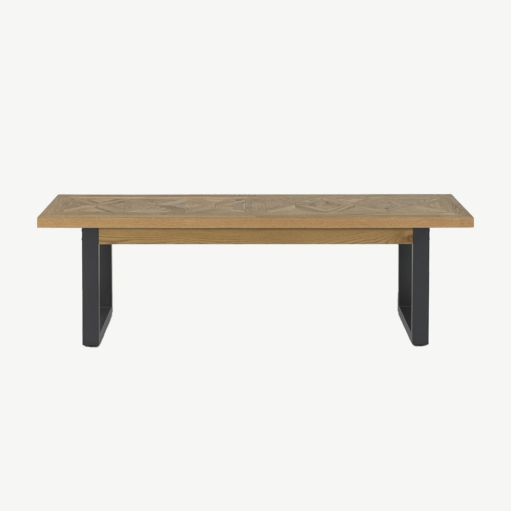 Oak veneer bench with black powder coated metal base
