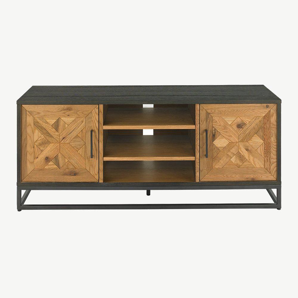 Oak veneer entertainment unit with black powder coated metal base
