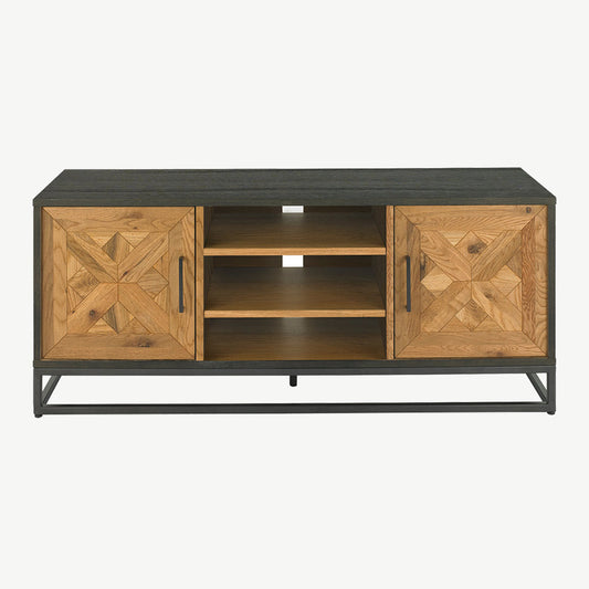 Oak veneer entertainment unit with black powder coated metal base
