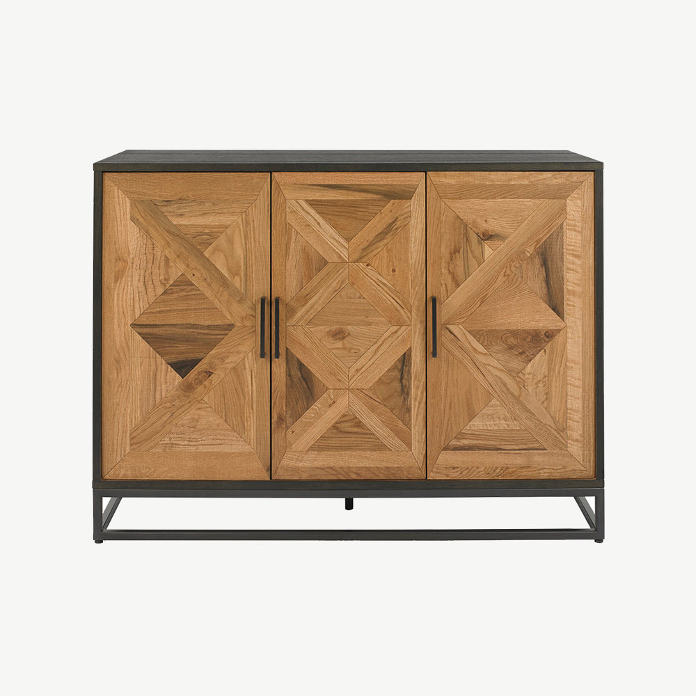 Oak veneer narrow sideboard with black powder coated metal base