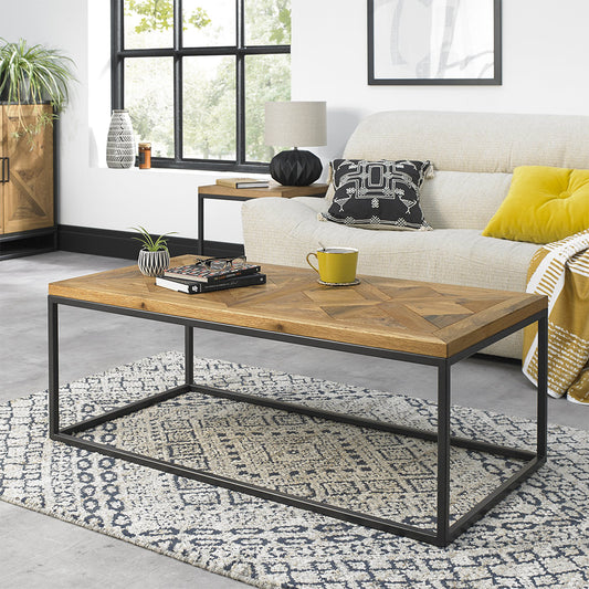 Oak veneer coffee table with black powder coated metal base