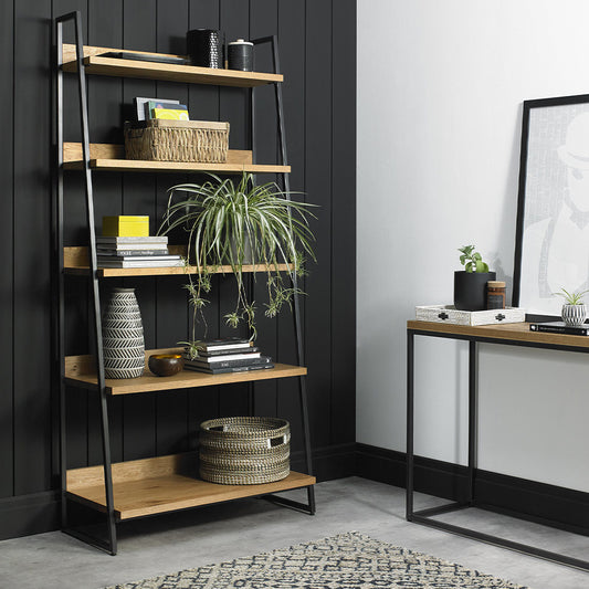 Oak veneer display unit with black powder coated metal base
