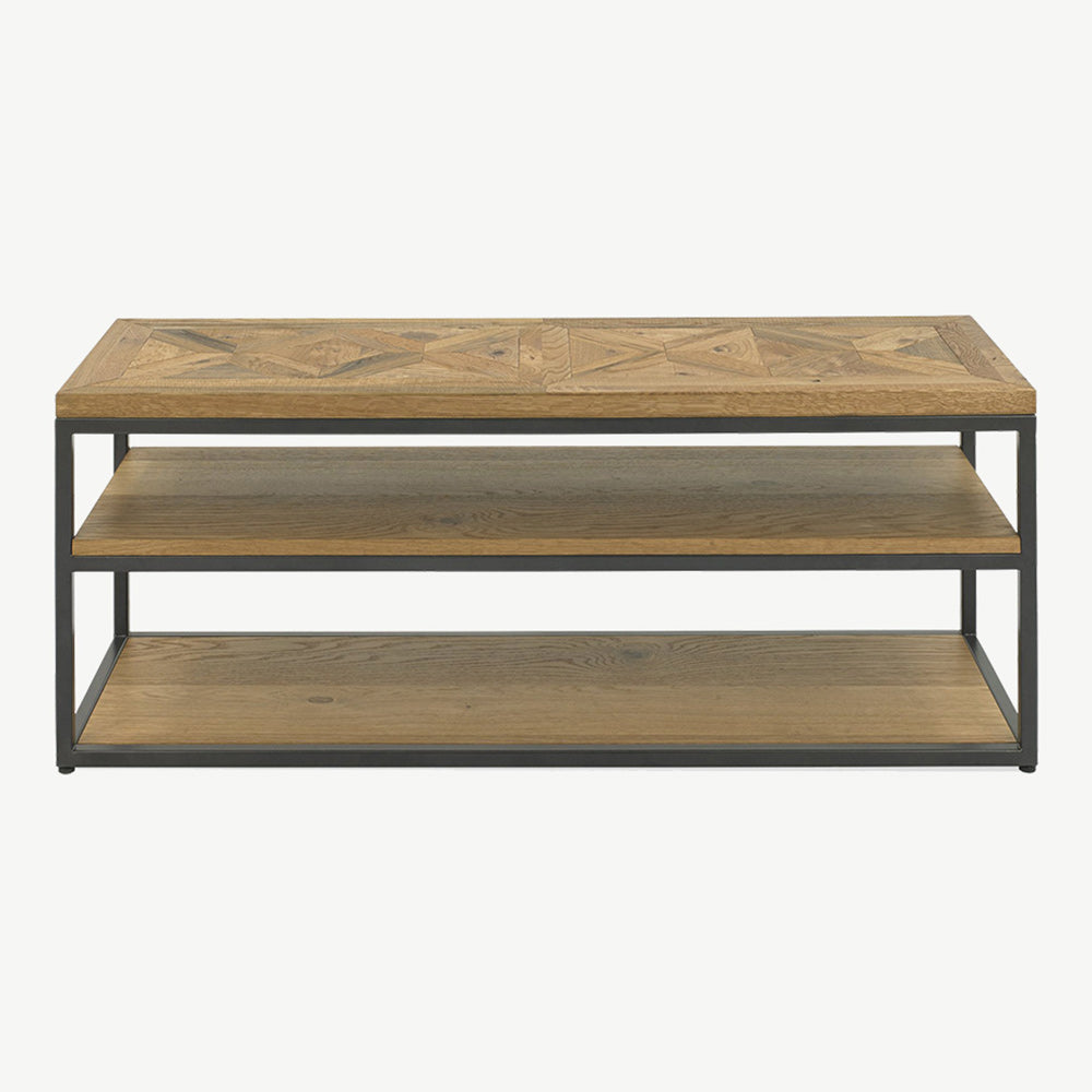 Oak veneer open entertainment unit with black powder coated metal base
