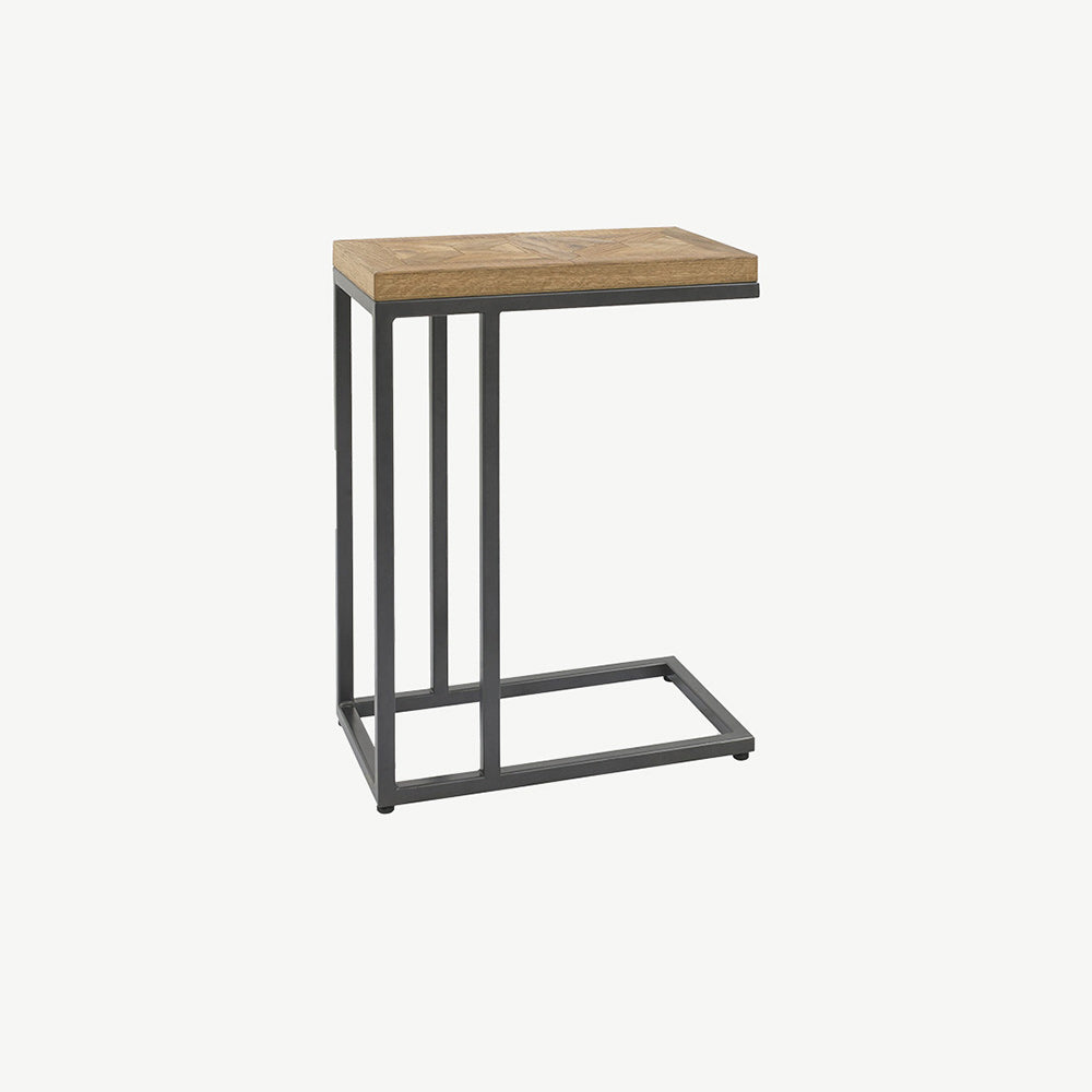 Oak veneer sofa table with black powder coated metal base
