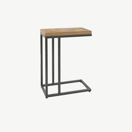 Oak veneer sofa table with black powder coated metal base
