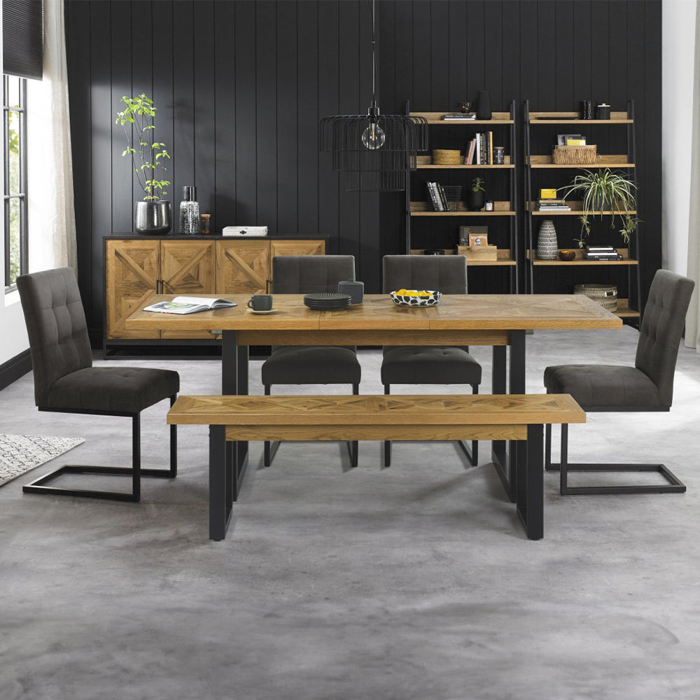 Oak veneer bench with black powder coated metal base
