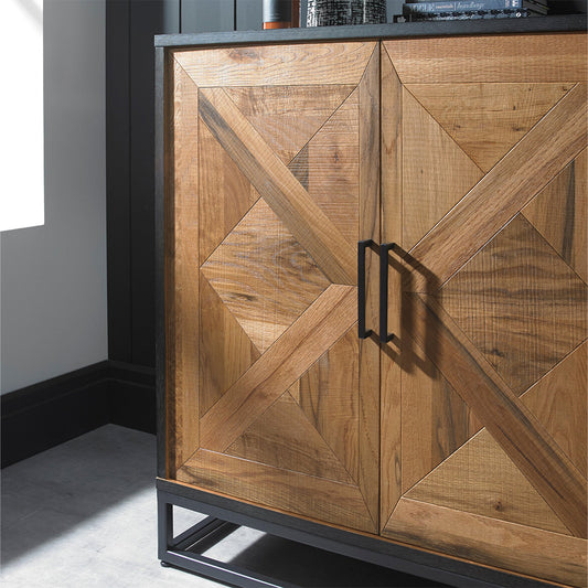 Oak veneer narrow sideboard with black powder coated metal base
