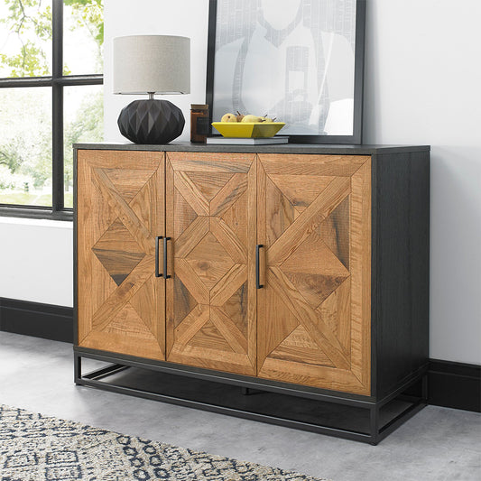 Oak veneer narrow sideboard with black powder coated metal base