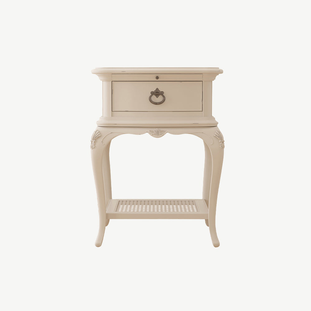French inspired wooden ivory bedside cabinet in cream finish with antique bronze handle
