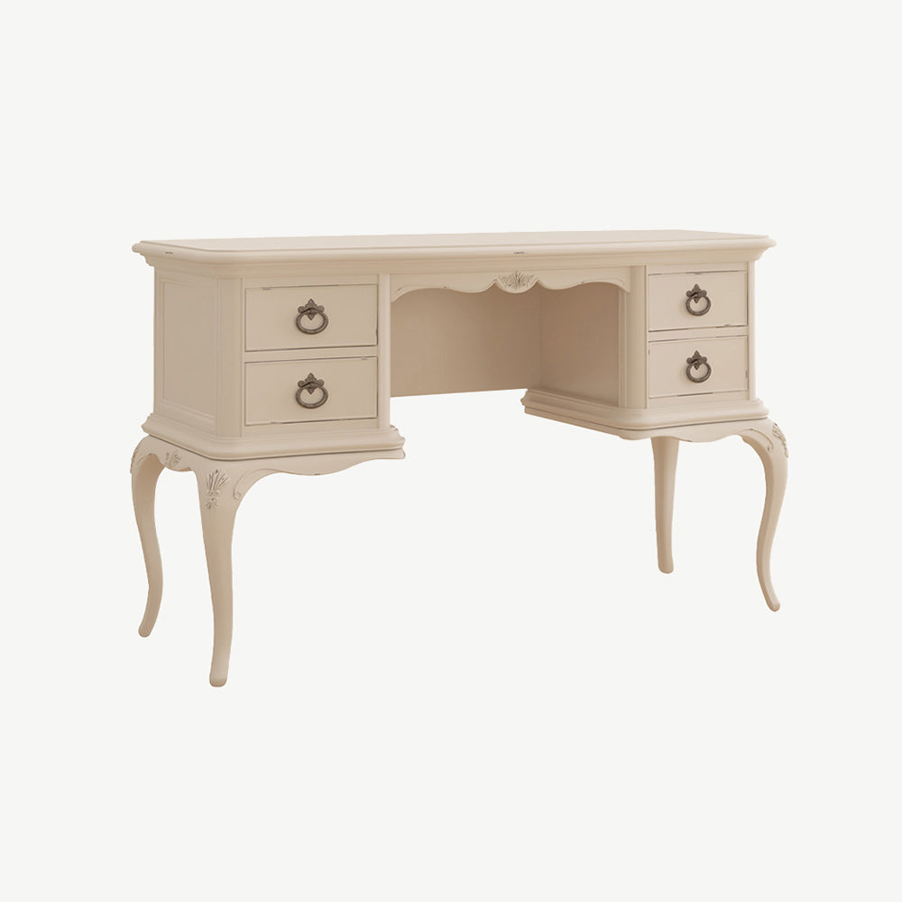 French inspired wooden dressing table in cream finish with antique bronze handles  