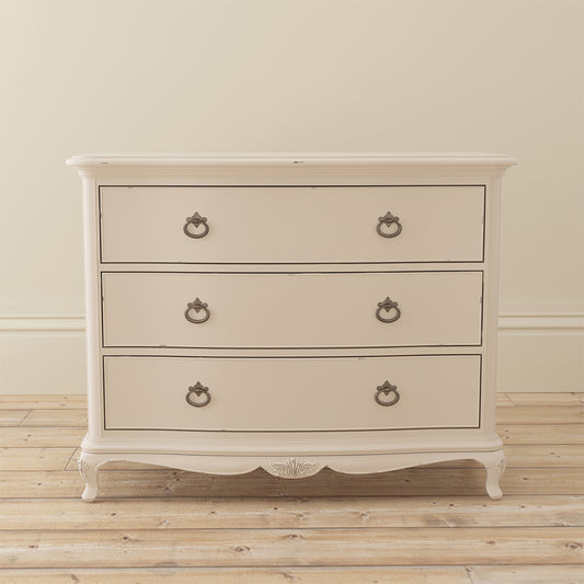 French inspired wooden 3 drawer chest in cream finish with six antique bronze handles

