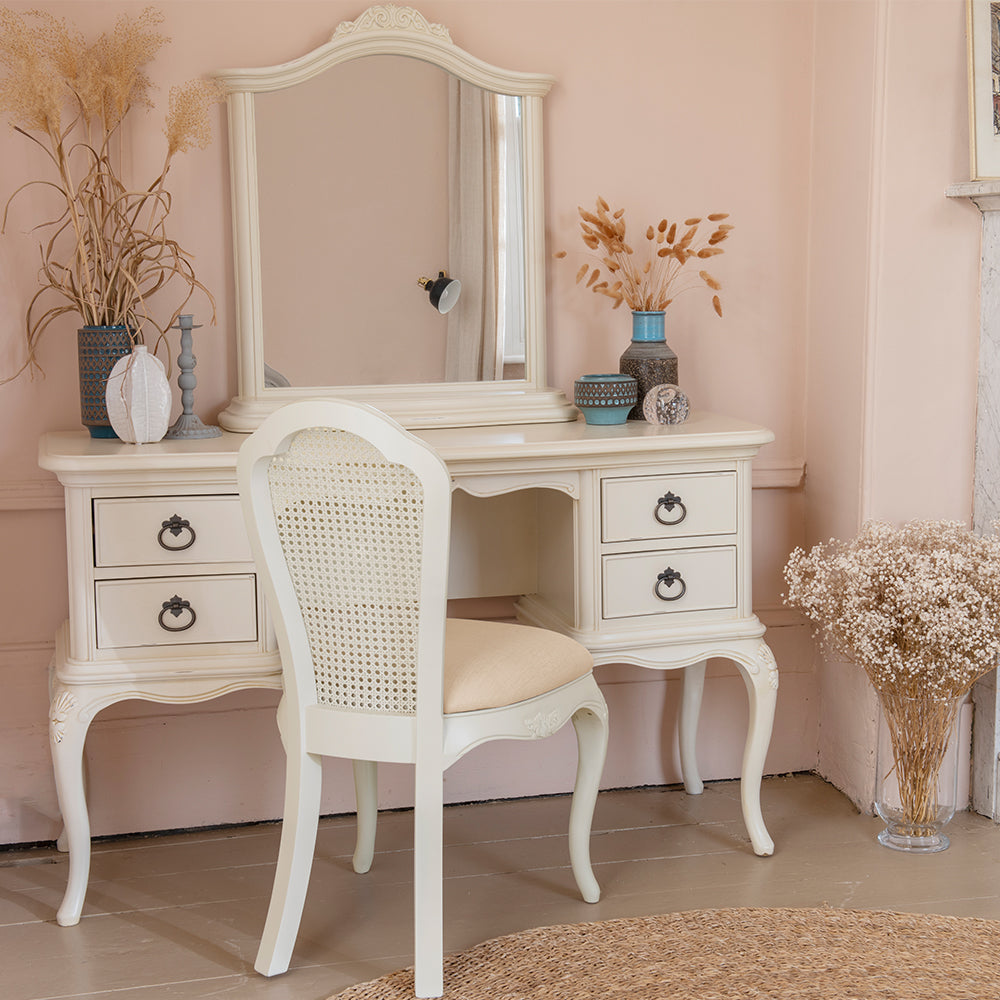 French inspired wooden dressing table in cream finish with antique bronze handles  