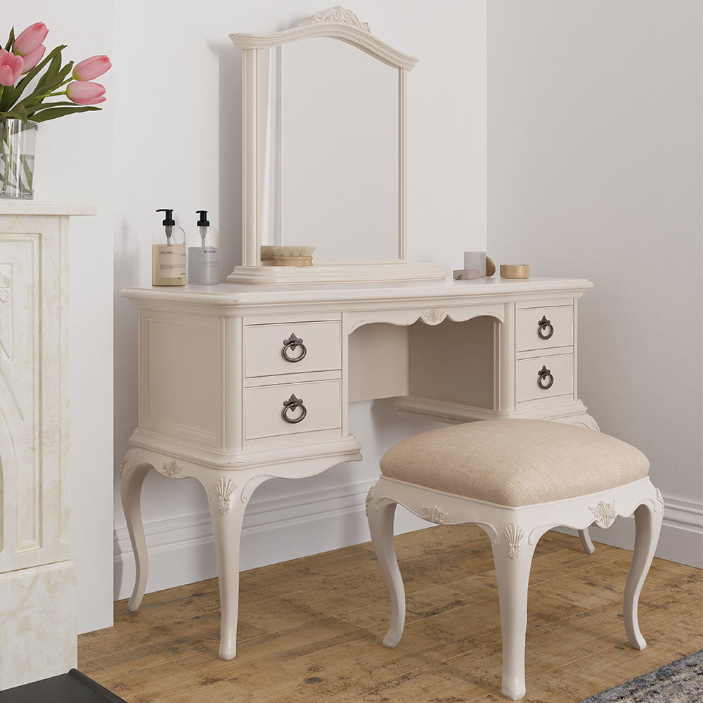 French inspired wooden dressing table in cream finish with antique bronze handles  