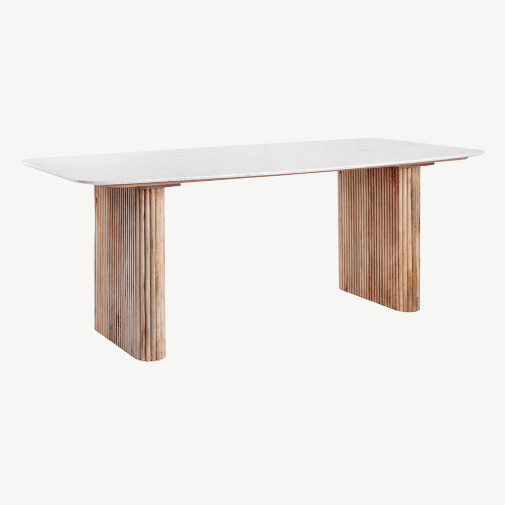 Fluted mango wood rectangular dining table with solid white marble top