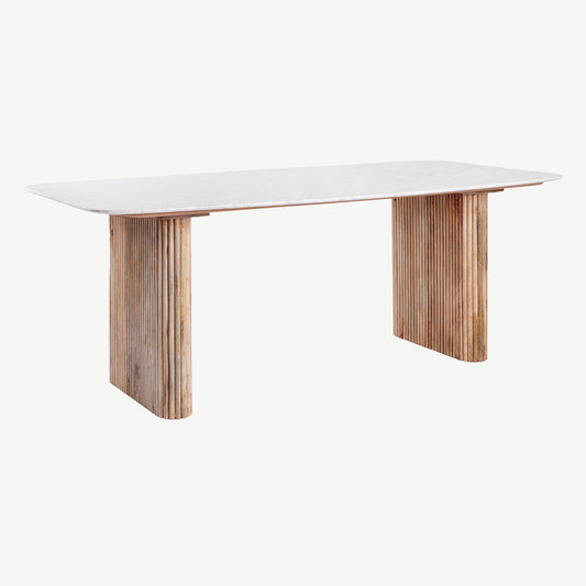 Fluted mango wood rectangular dining table with solid white marble top
