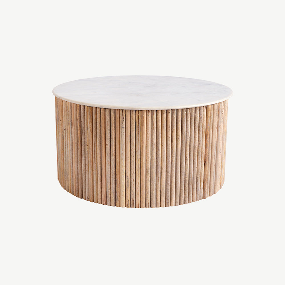 Fluted mango wood coffee table with solid white marble top