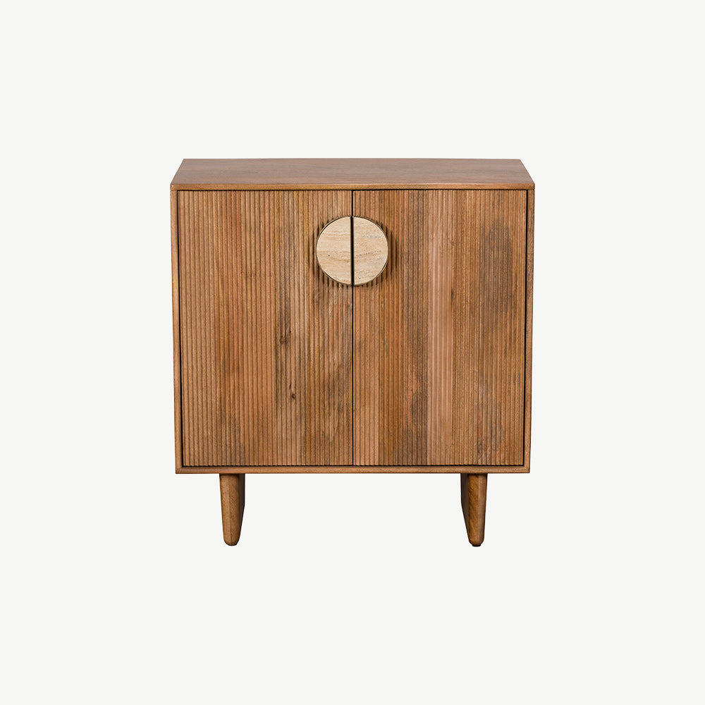 Fluted mango wood highboard with inset handles and travertine stone top