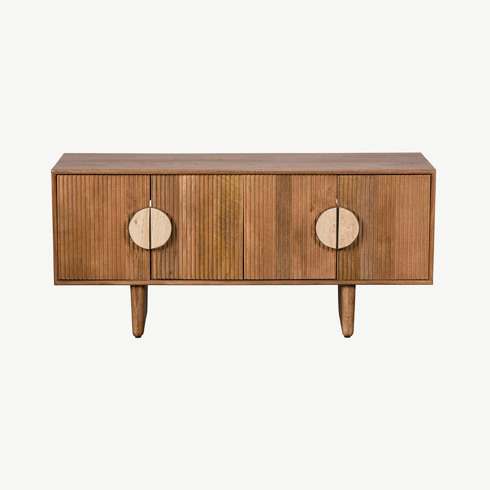 Fluted mango wood tv unit with inset handles and travertine stone top
