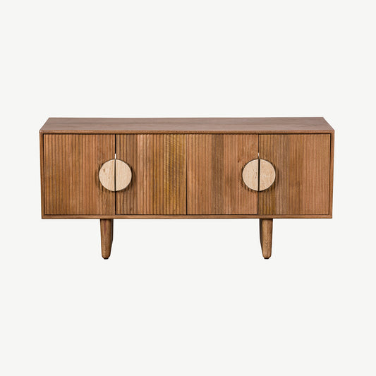 Fluted mango wood tv unit with inset handles and travertine stone top
