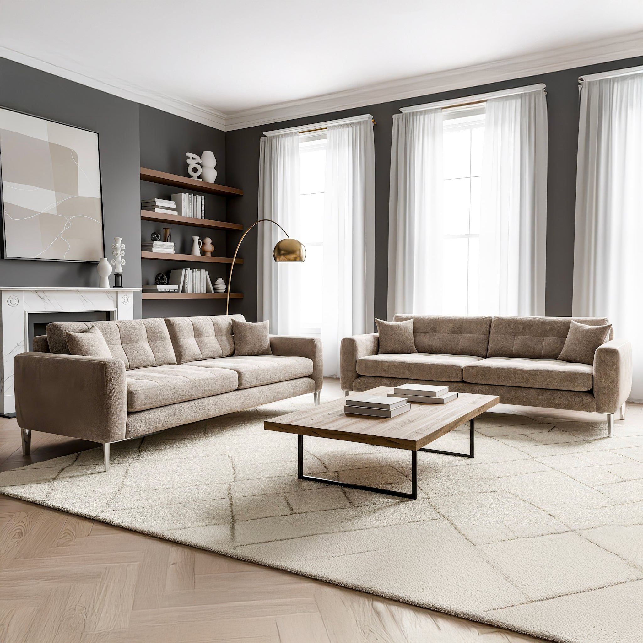 Modern living room with beige sectional sofa, coffee table, and decorative elements.