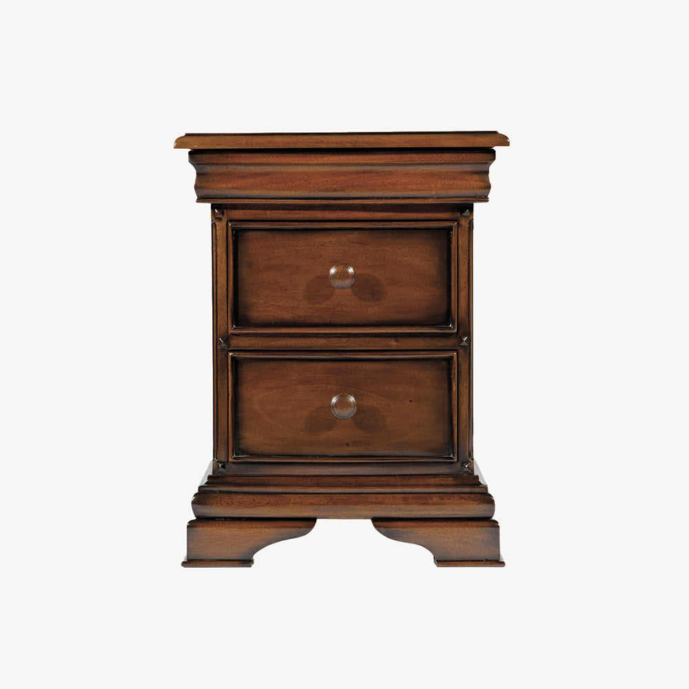 French inspired wooden 3 drawer bedside cabinet in glossy varnished dark brown finish
