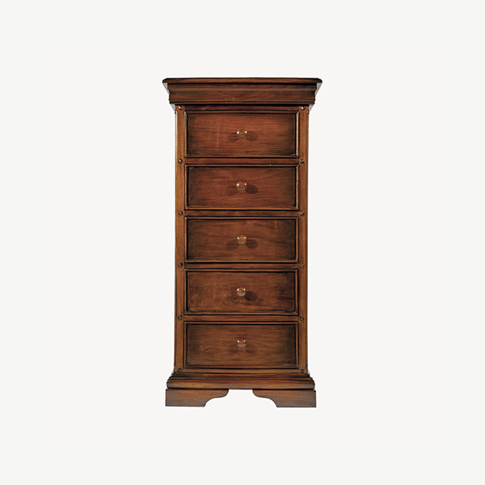 French inspired 6 drawer narrow chest in glossy varnished dark brown finish
