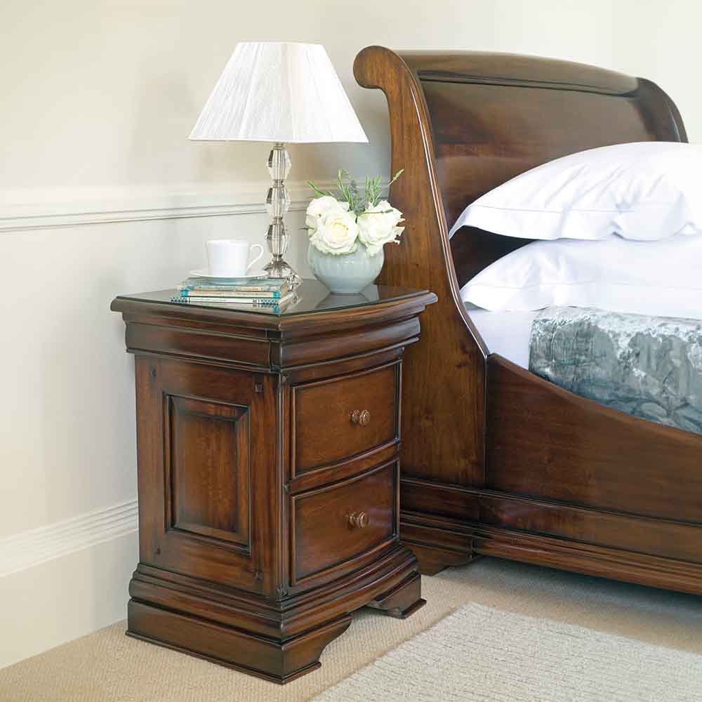 French inspired wooden 3 drawer bedside cabinet in glossy varnished dark brown finish

