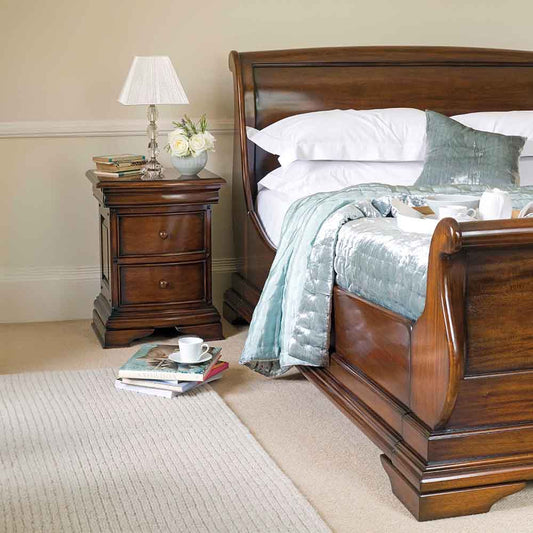 French inspired wooden 3 drawer bedside cabinet in glossy varnished dark brown finish
