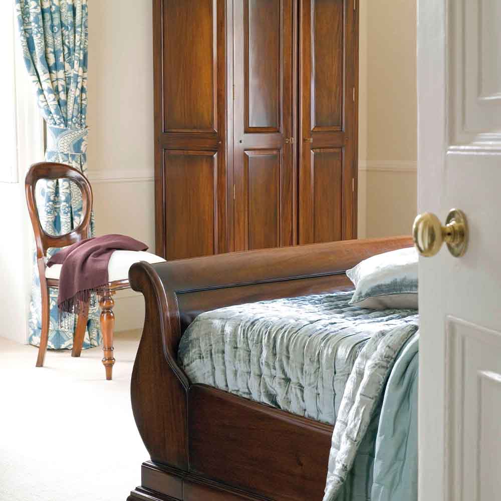 French inspired wooden bedroom chair in glossy varnished dark brown finish
